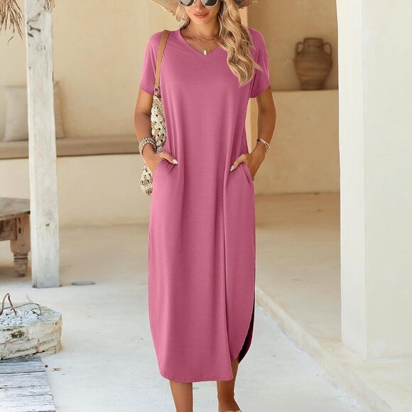 Women's Maxi Dress Polyester Rayon Spandex V-Neck Casual Pockets Summer - Picture 3 of 6